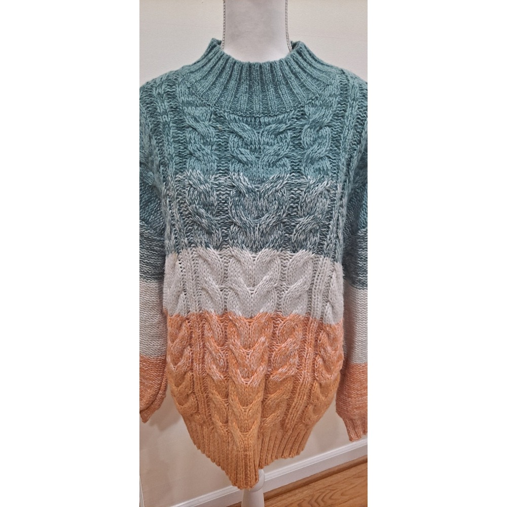 M Altar'D State Nikki Chucky Pullover Sweater Cable Knit Green Orange Stripe - Picture 7 of 7